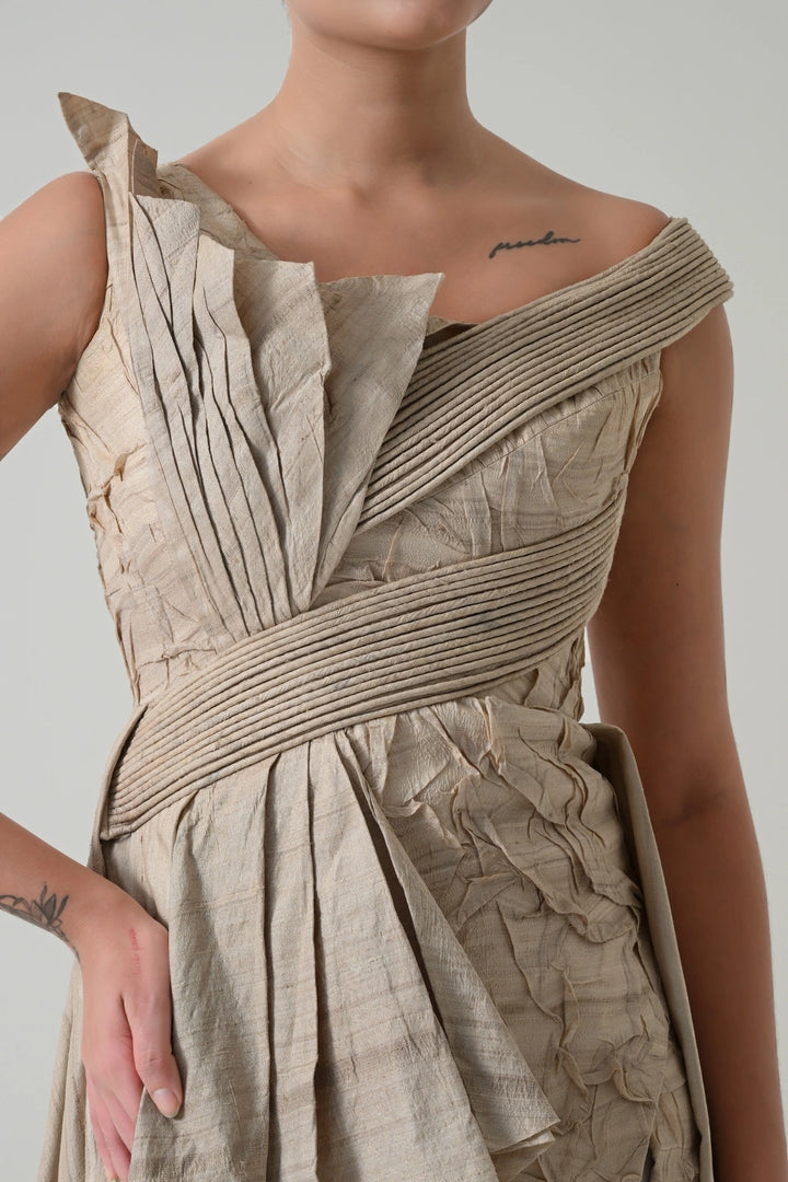Beige Crinkled Texture Draped Dress