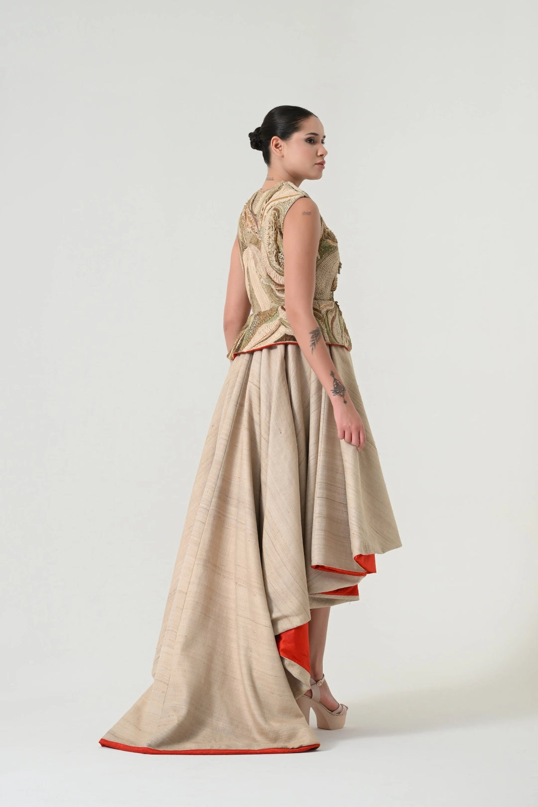 Beige Threadwork Layered Skirt Set