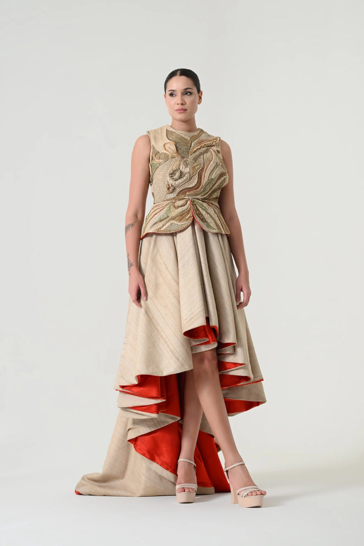 Beige Threadwork Layered Skirt Set
