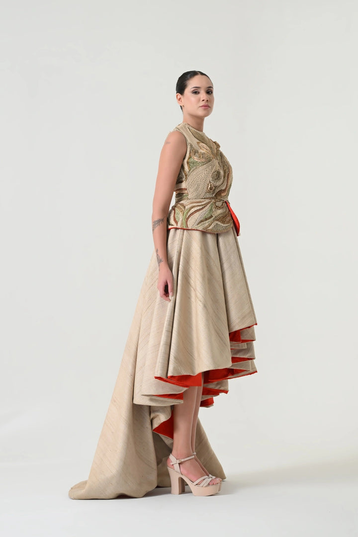 Beige Threadwork Layered Skirt Set