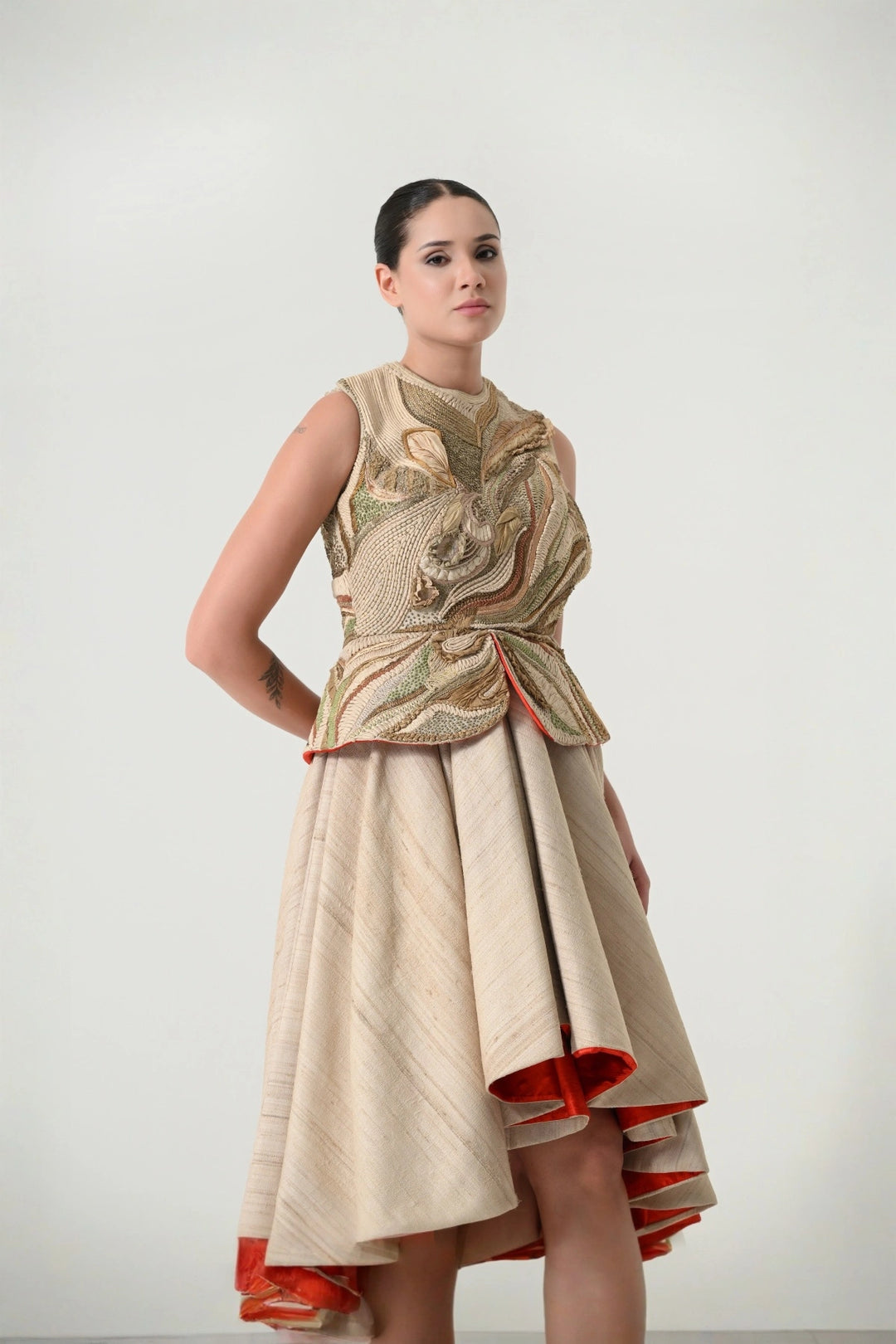 Beige Threadwork Layered Skirt Set