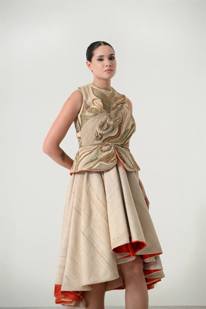 Beige Threadwork Layered Skirt Set