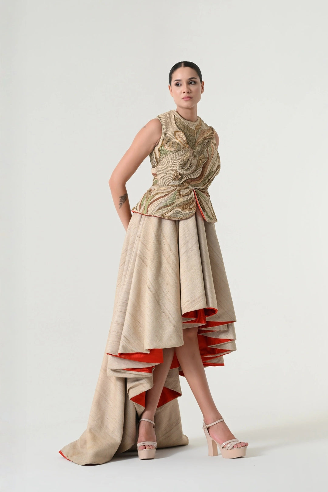 Beige Threadwork Layered Skirt Set