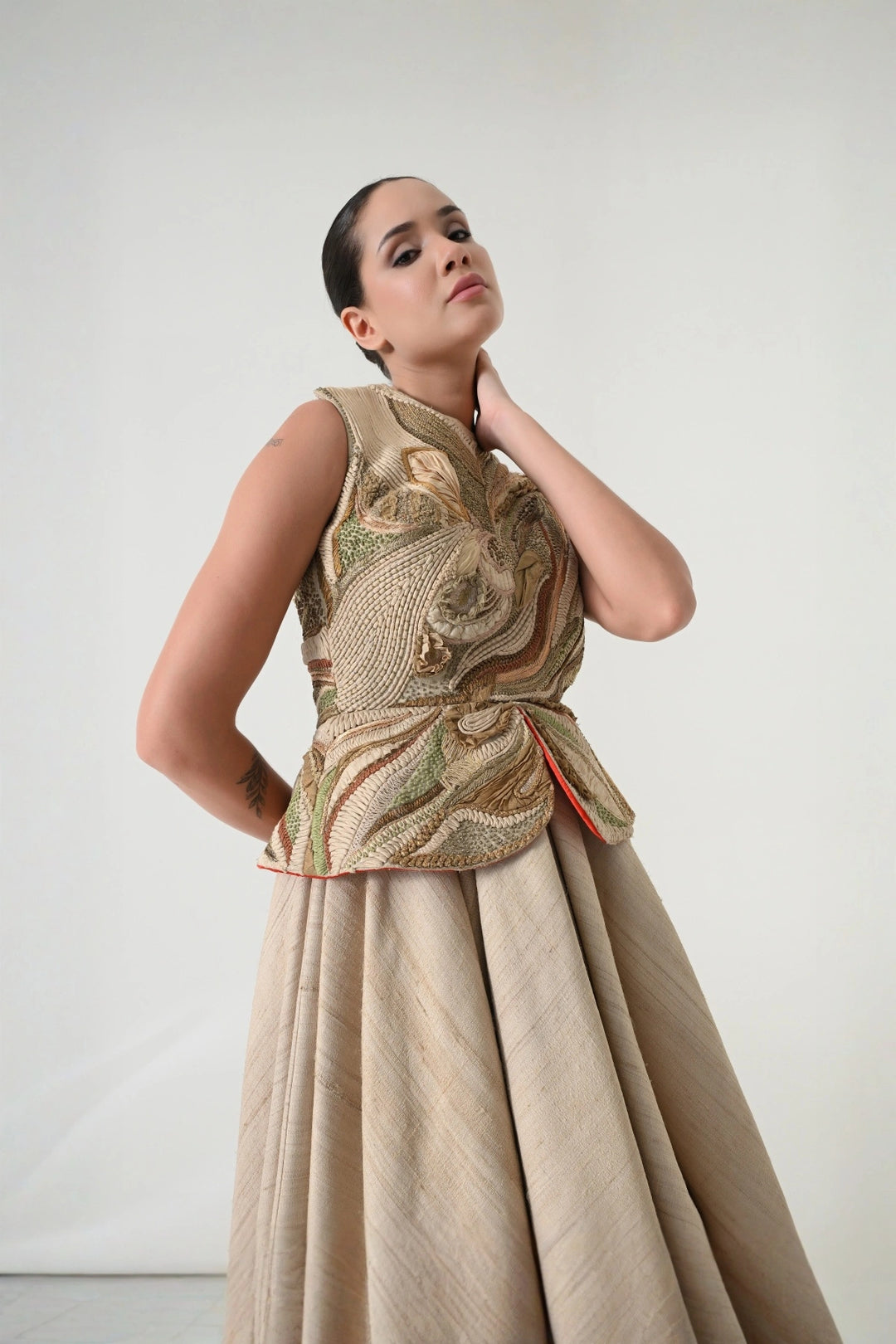 Beige Threadwork Layered Skirt Set