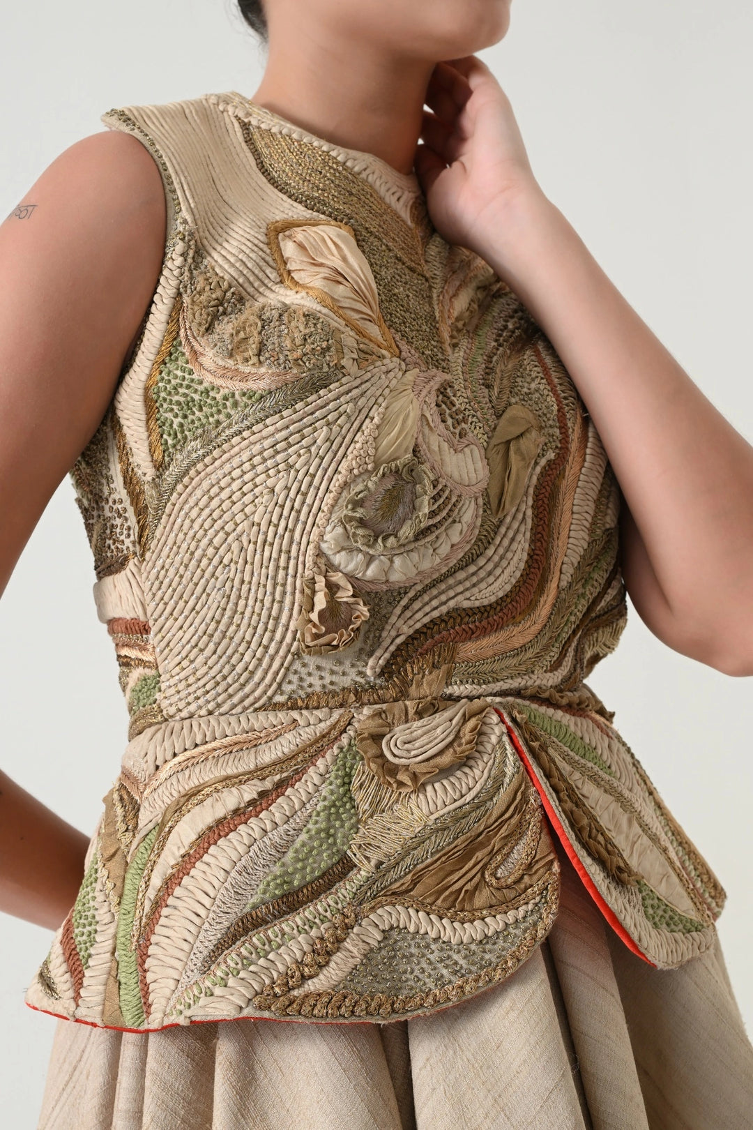 Beige Threadwork Layered Skirt Set