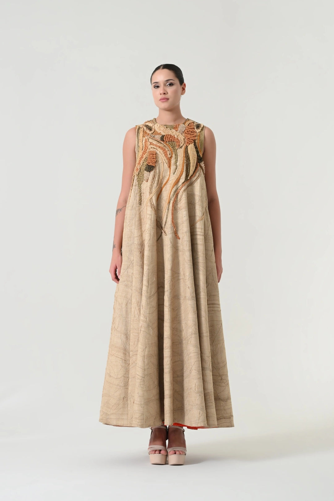 Beige Abstract Floral Embroidered Dress