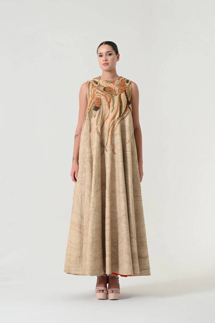 Beige Abstract Floral Embroidered Dress