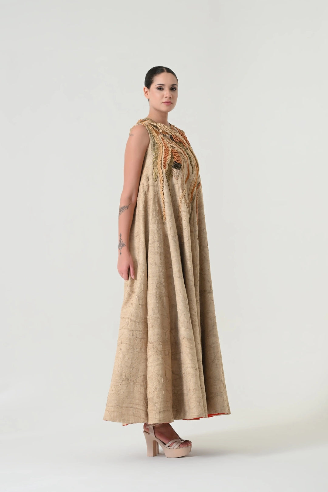 Beige Abstract Floral Embroidered Dress