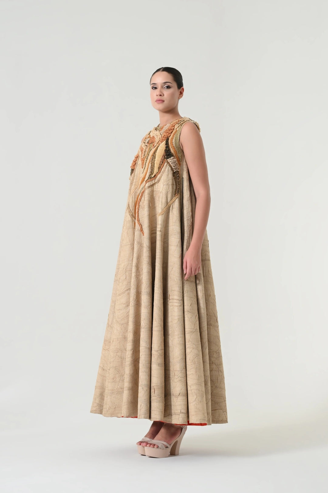 Beige Abstract Floral Embroidered Dress