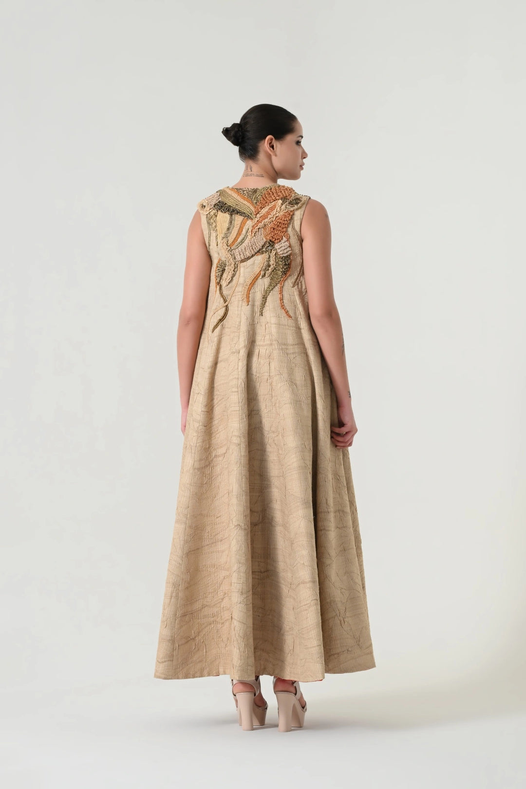 Beige Abstract Floral Embroidered Dress