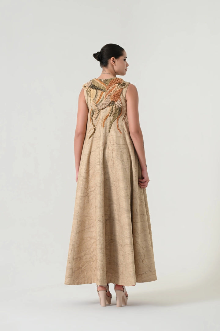 Beige Abstract Floral Embroidered Dress