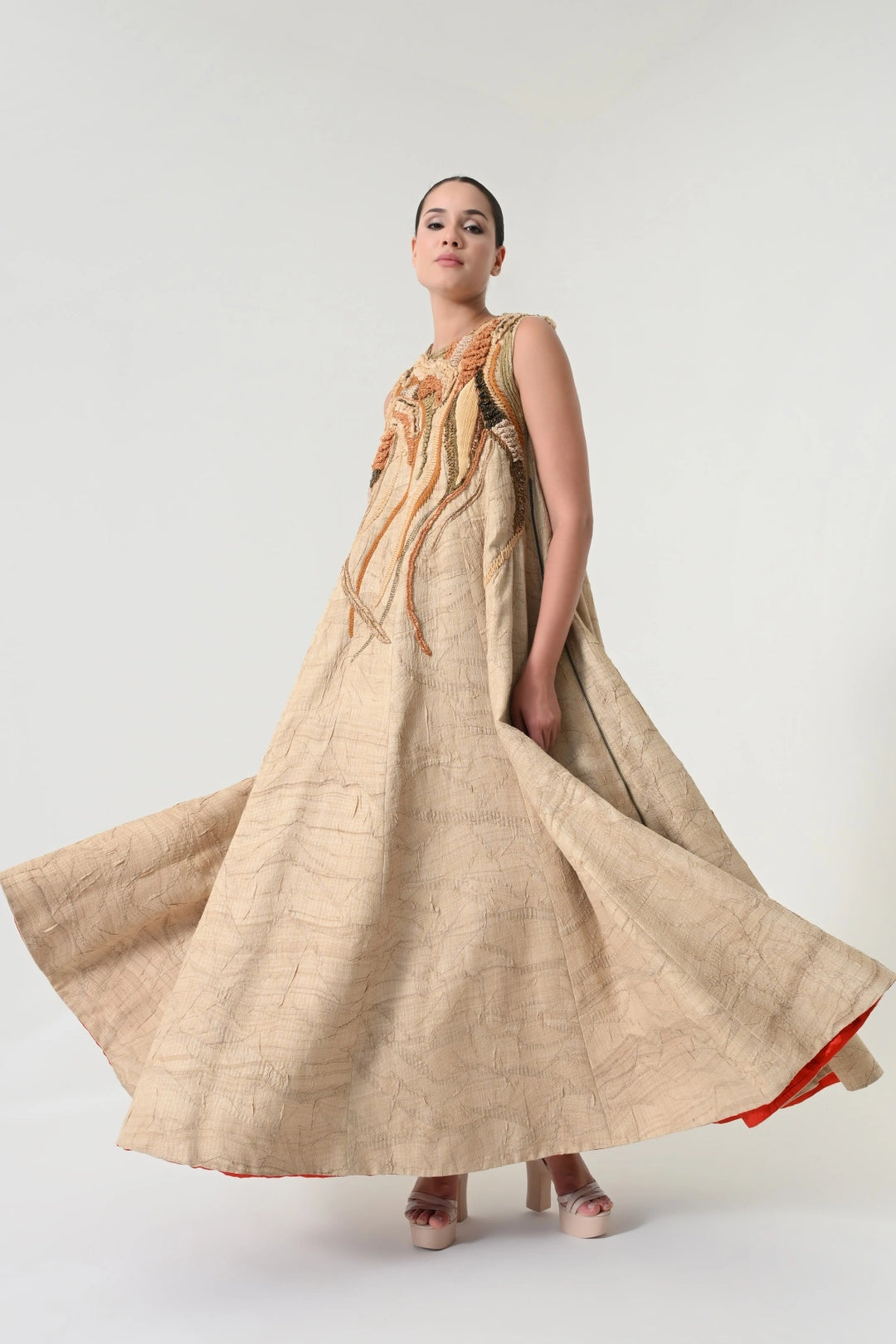 Beige Abstract Floral Embroidered Dress