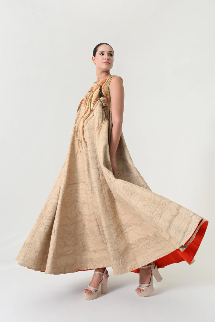 Beige Abstract Floral Embroidered Dress