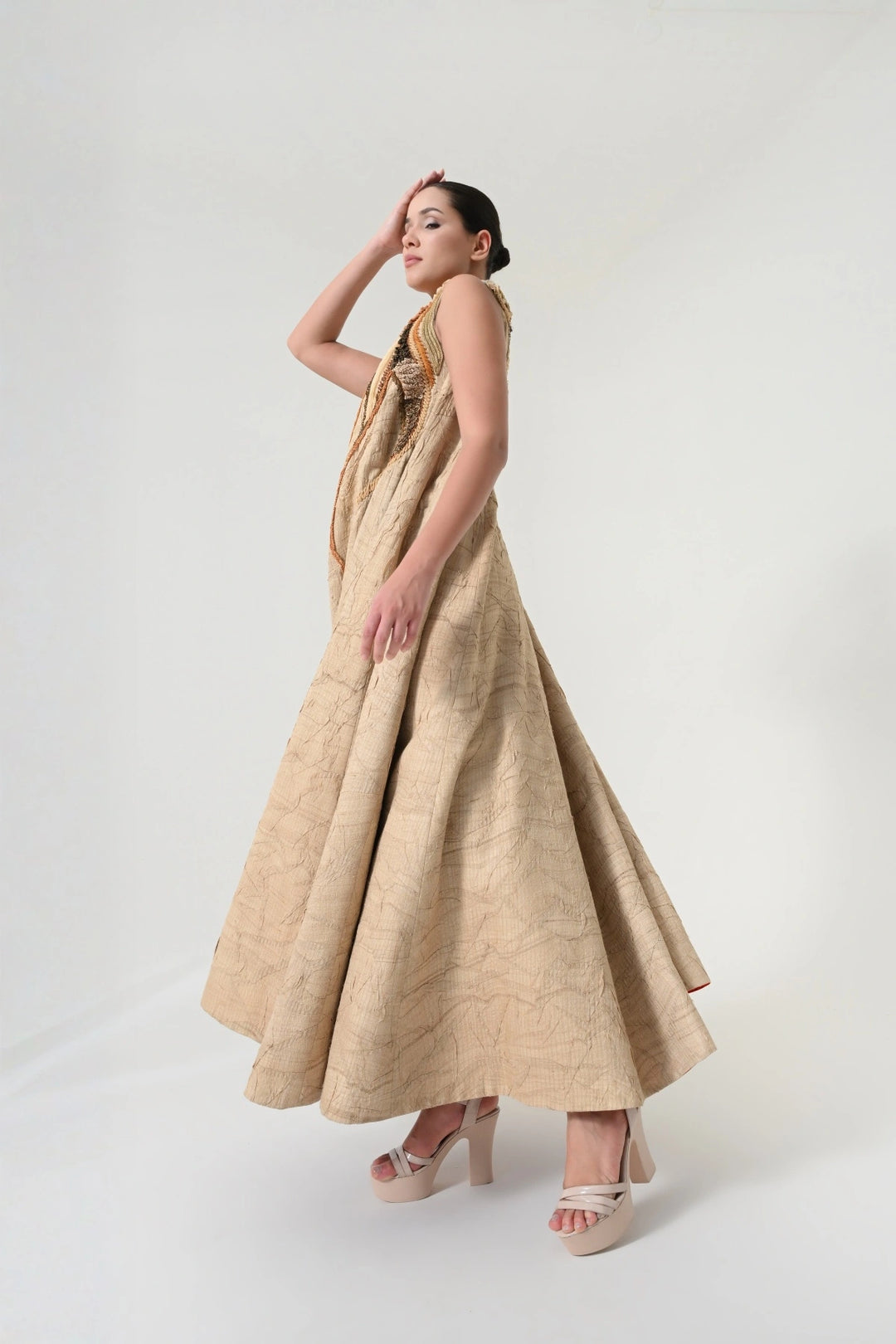 Beige Abstract Floral Embroidered Dress