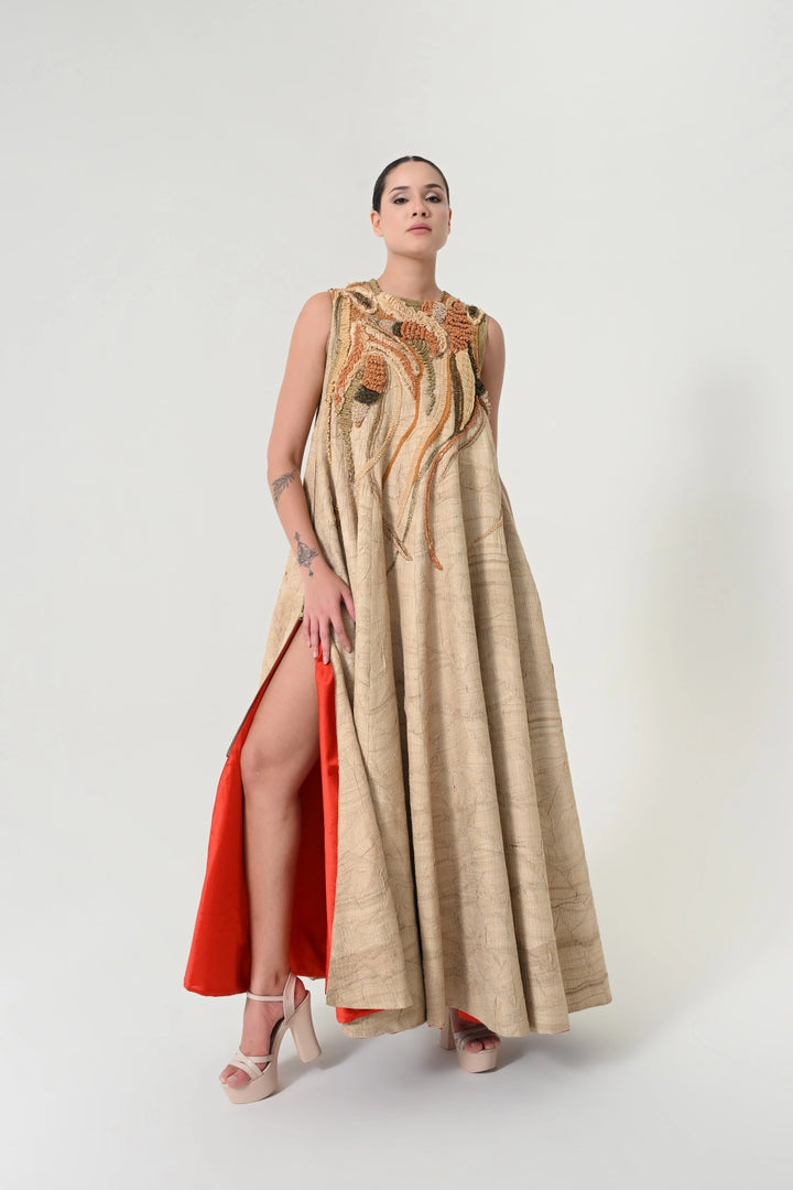 Beige Abstract Floral Embroidered Dress