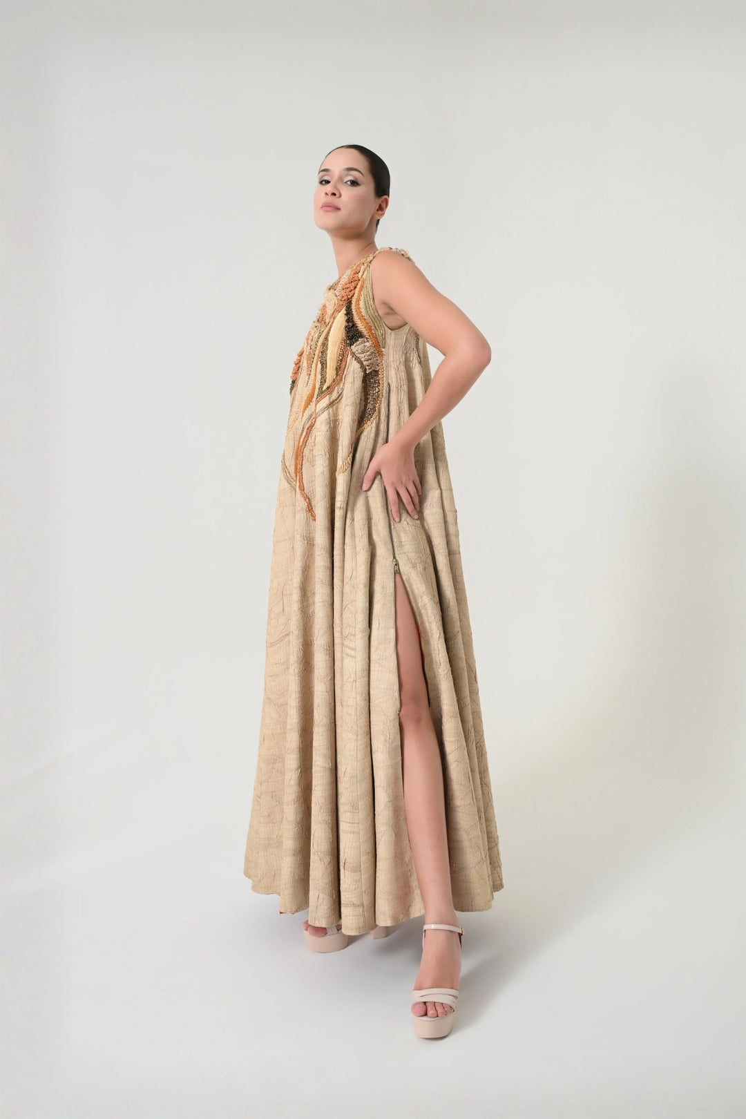 Beige Abstract Floral Embroidered Dress