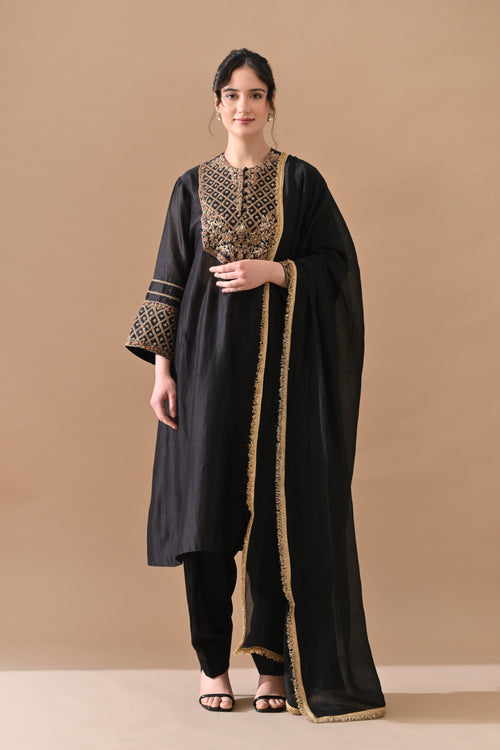 Black Fine Floral Embroidered Suit Set