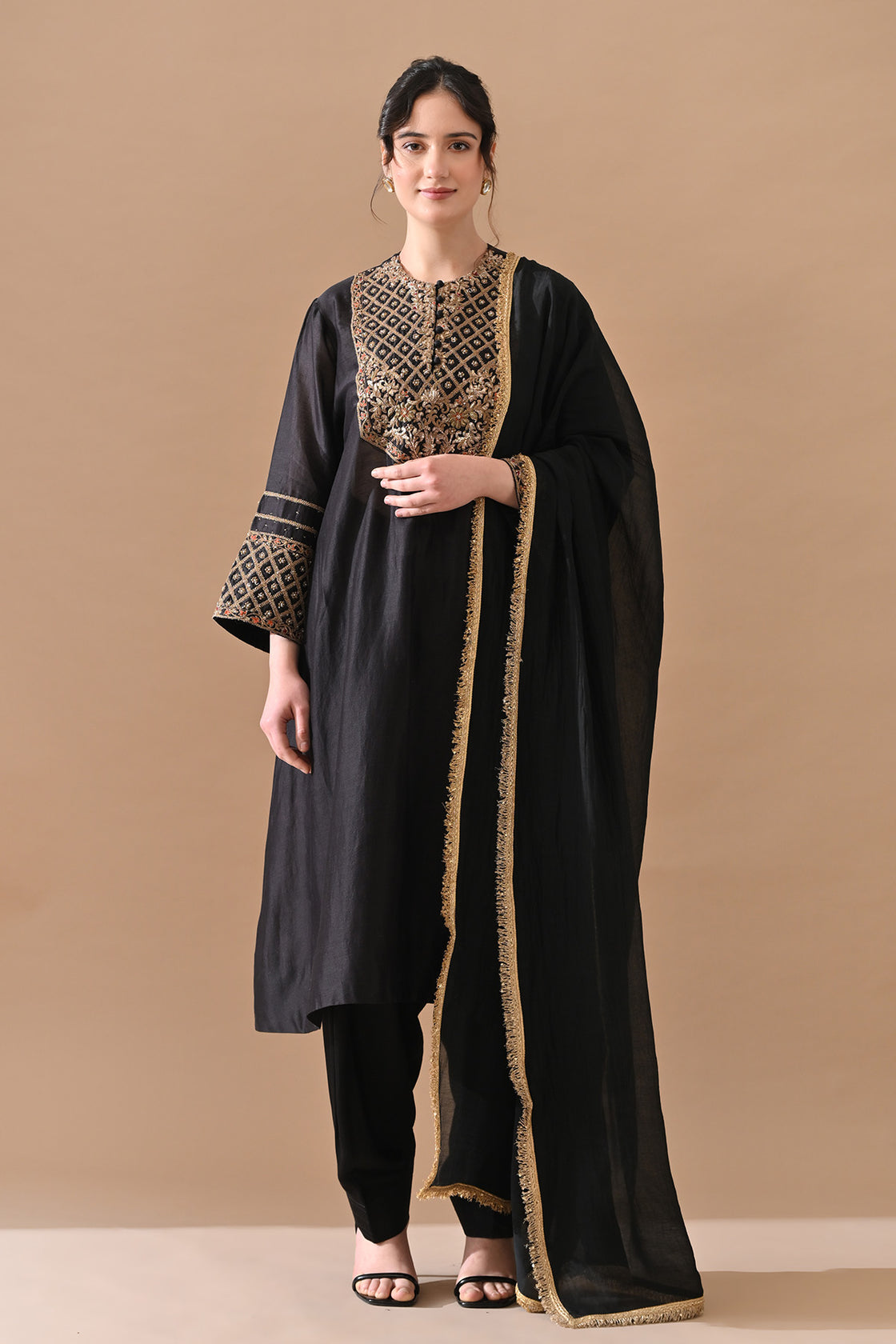 Black Fine Floral Embroidered Suit Set
