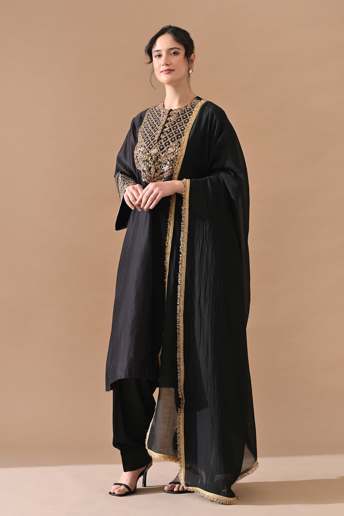 Black Fine Floral Embroidered Suit Set