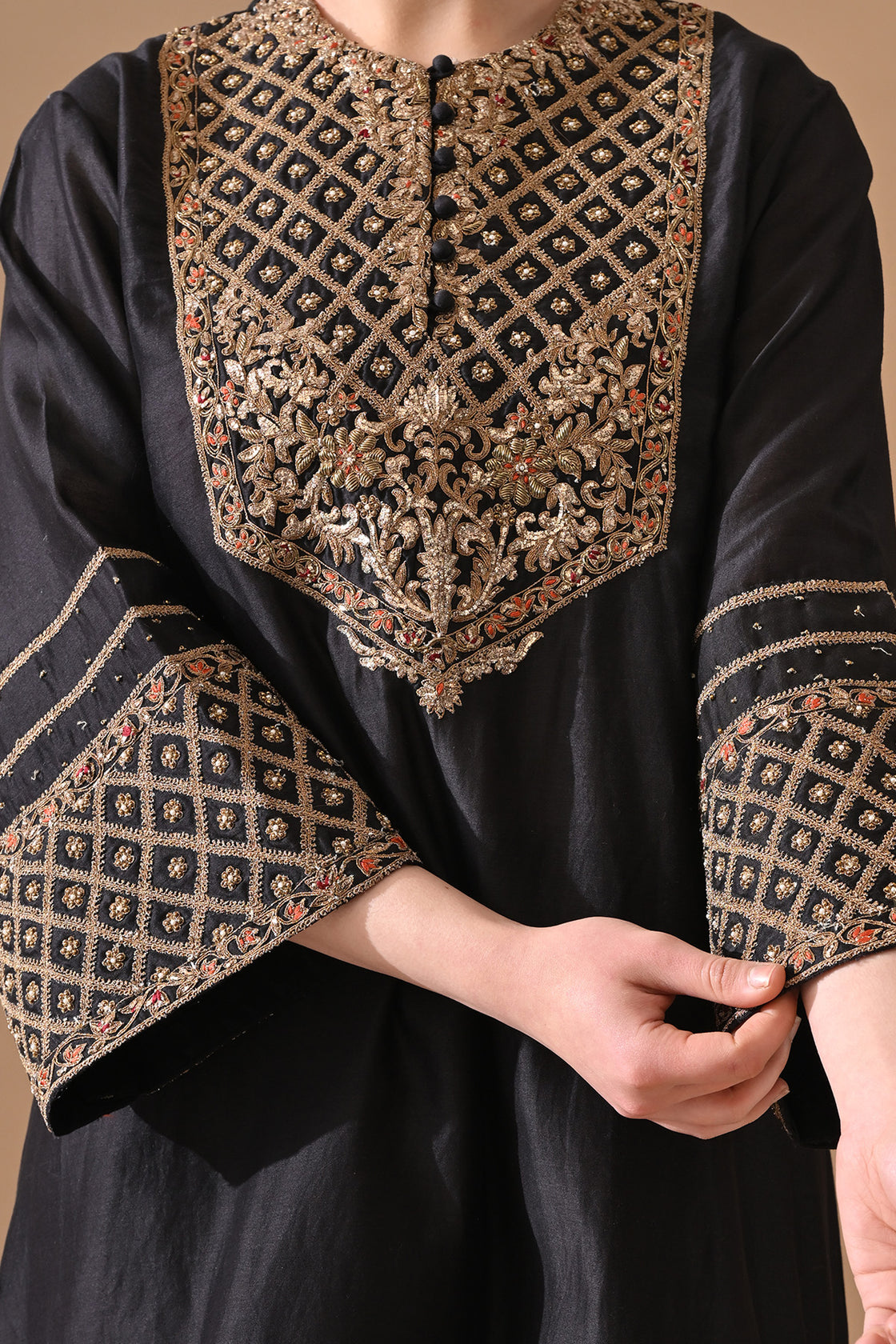 Black Fine Floral Embroidered Suit Set