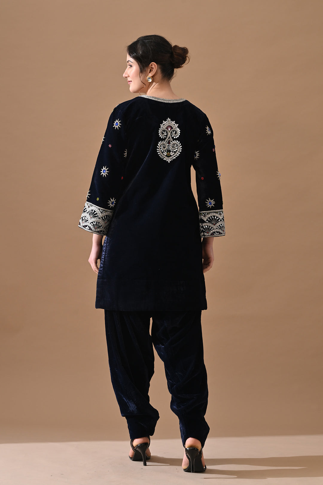 Navy Blue Embroidered Velvet Kurta Set