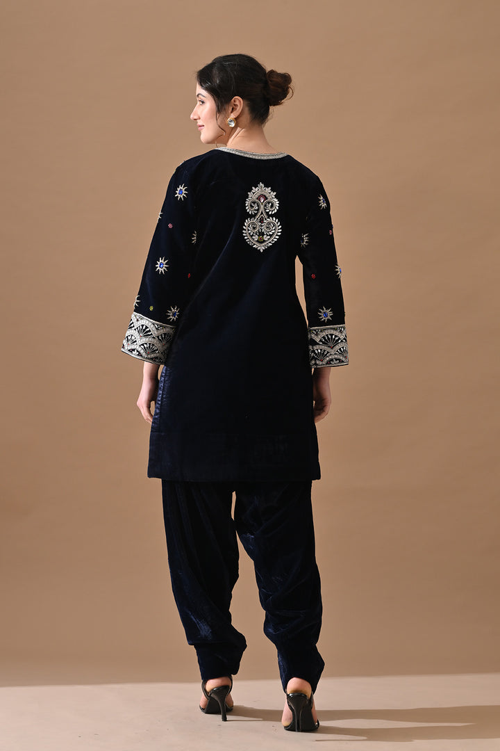 Navy Blue Embroidered Velvet Kurta Set