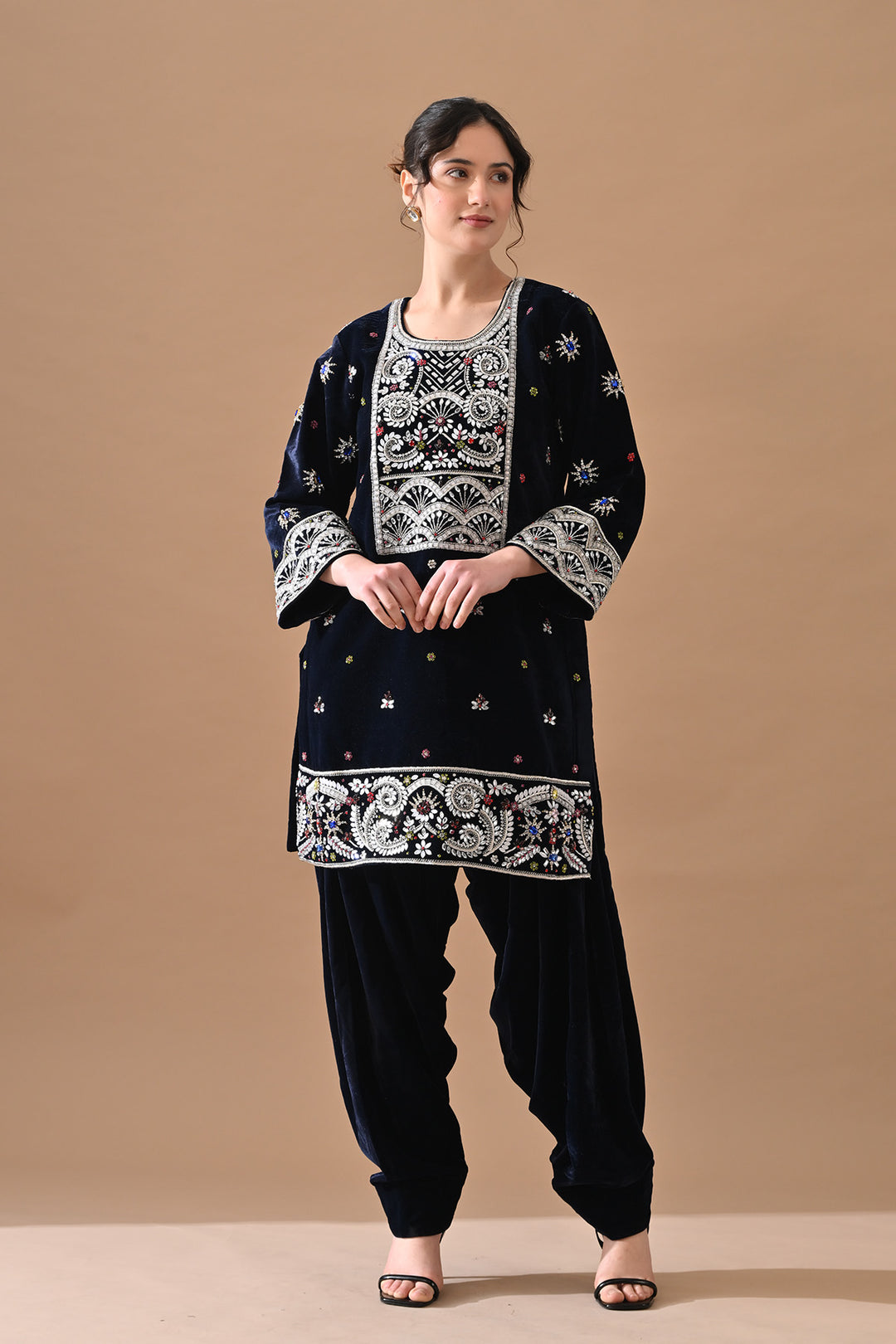 Navy Blue Embroidered Velvet Kurta Set