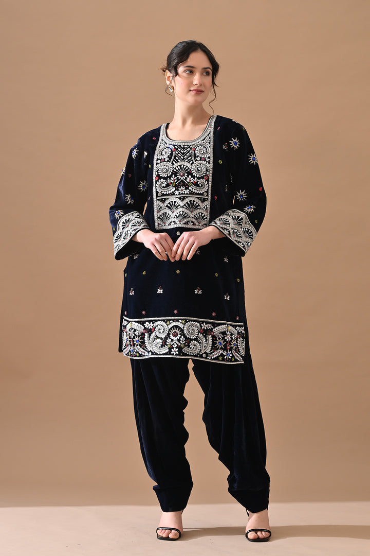 Navy Blue Embroidered Velvet Kurta Set