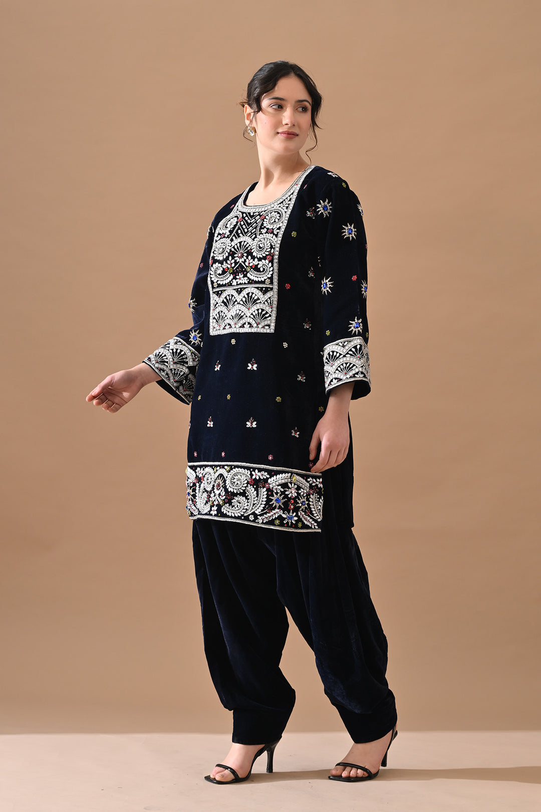 Navy Blue Embroidered Velvet Kurta Set