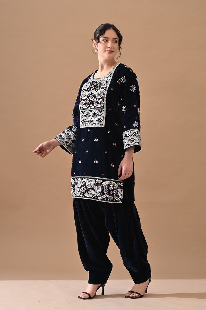 Navy Blue Embroidered Velvet Kurta Set