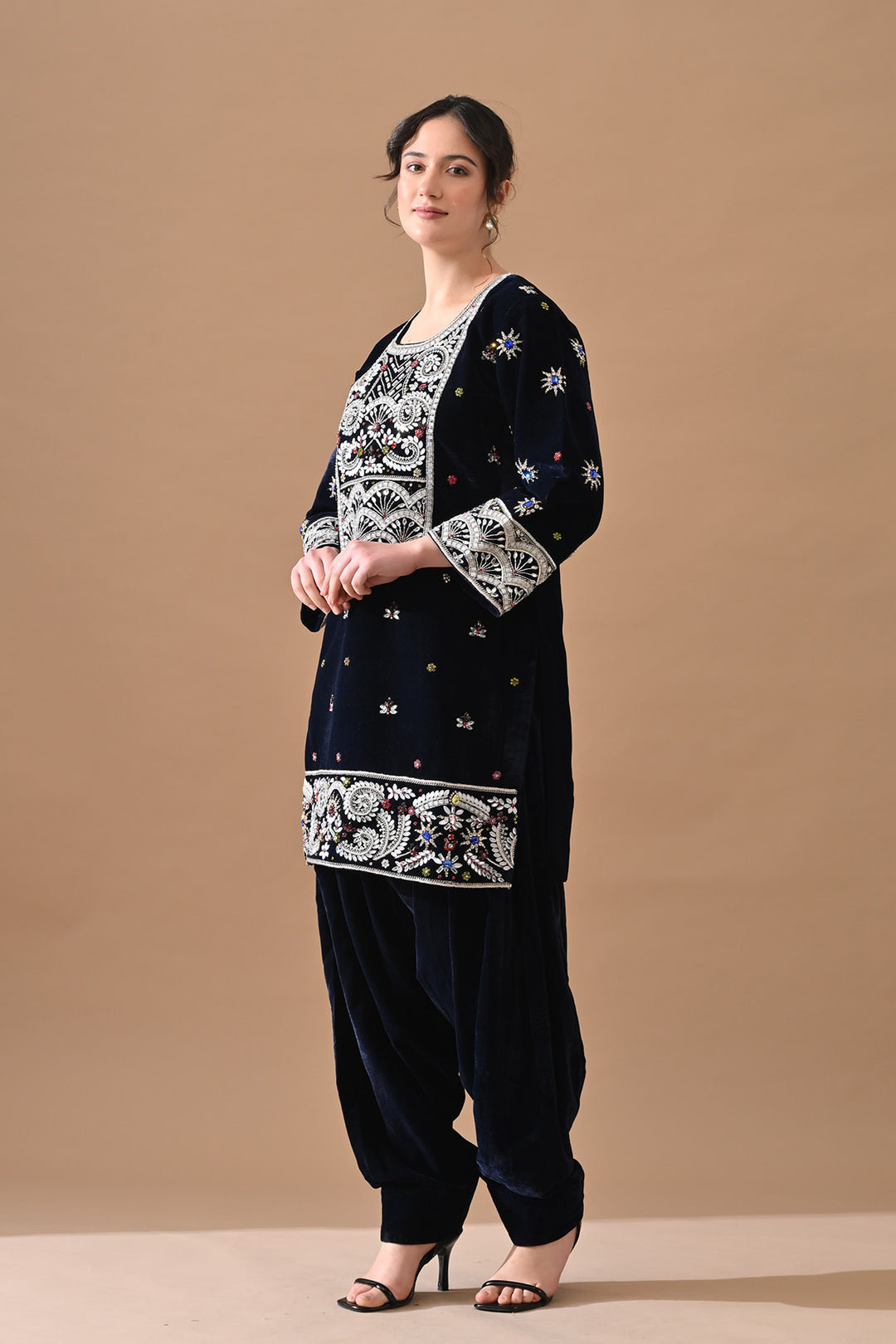 Navy Blue Embroidered Velvet Kurta Set