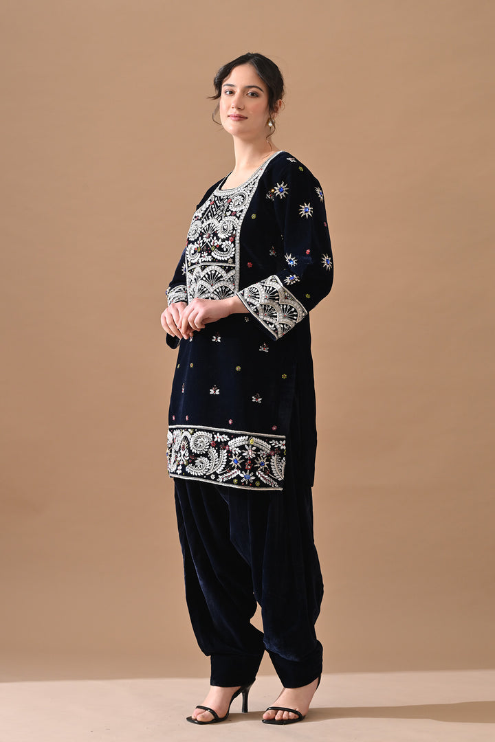 Navy Blue Embroidered Velvet Kurta Set