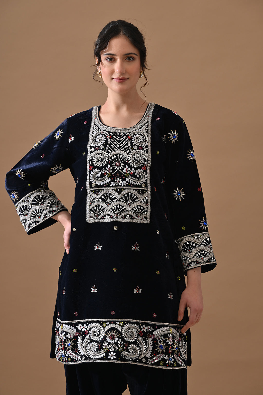 Navy Blue Embroidered Velvet Kurta Set
