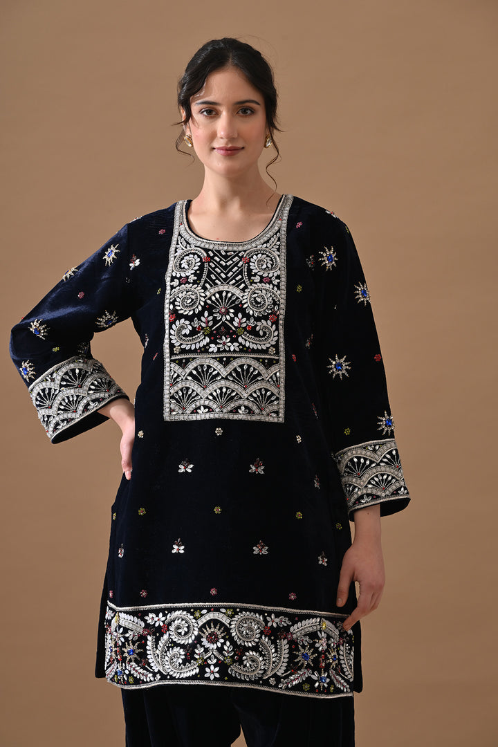 Navy Blue Embroidered Velvet Kurta Set