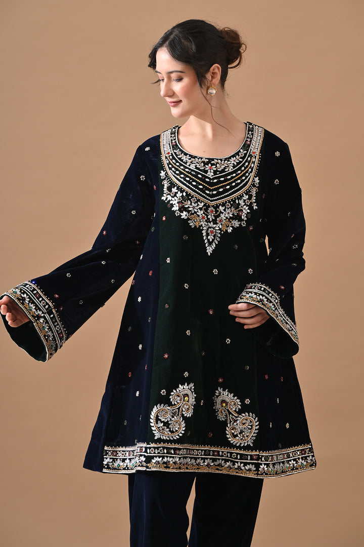 Midnight Navy Embroidered Velvet Kurta Set