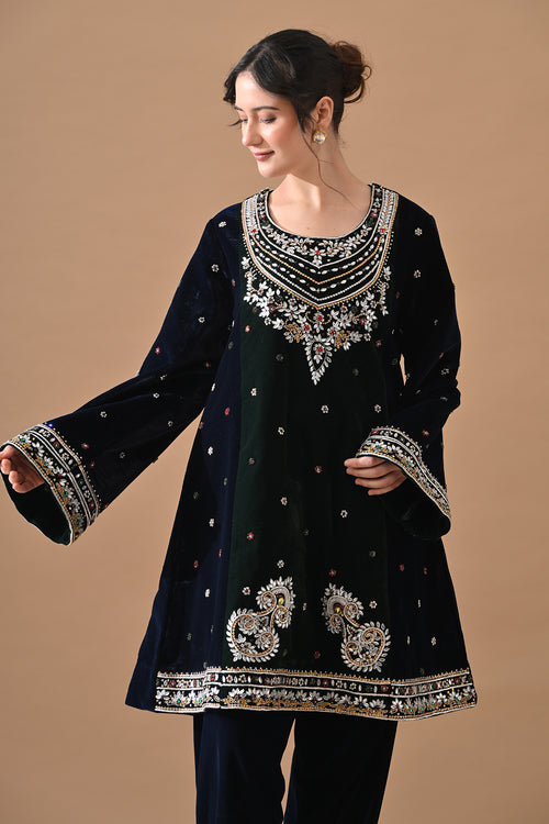 Midnight Navy Embroidered Velvet Kurta Set
