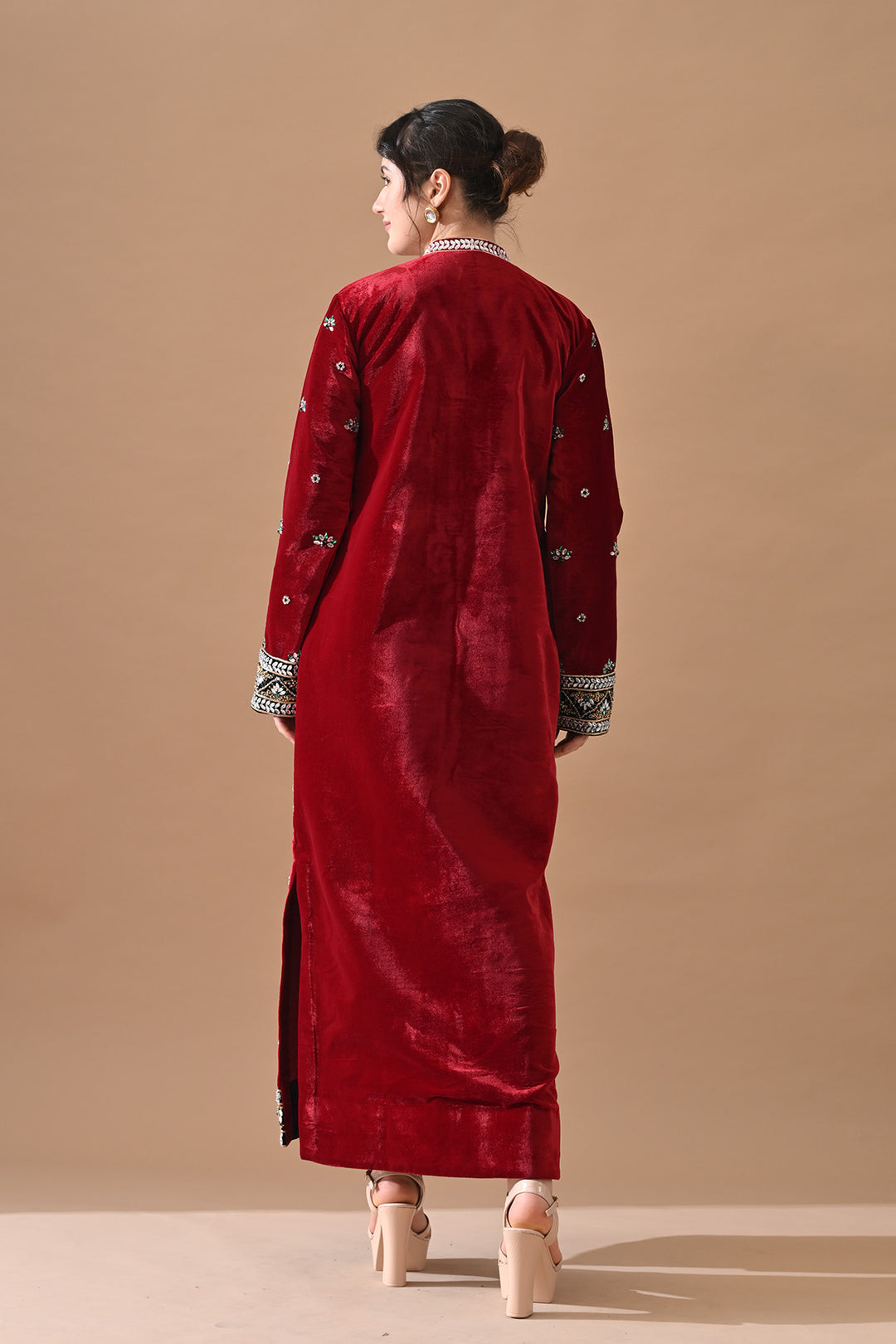 Deep Maroon Embroidered Velvet Kurta Set