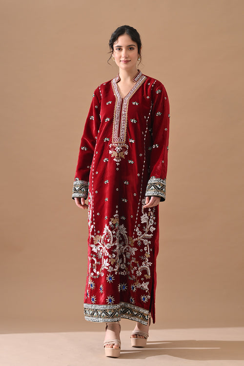 Deep Maroon Embroidered Velvet Kurta Set