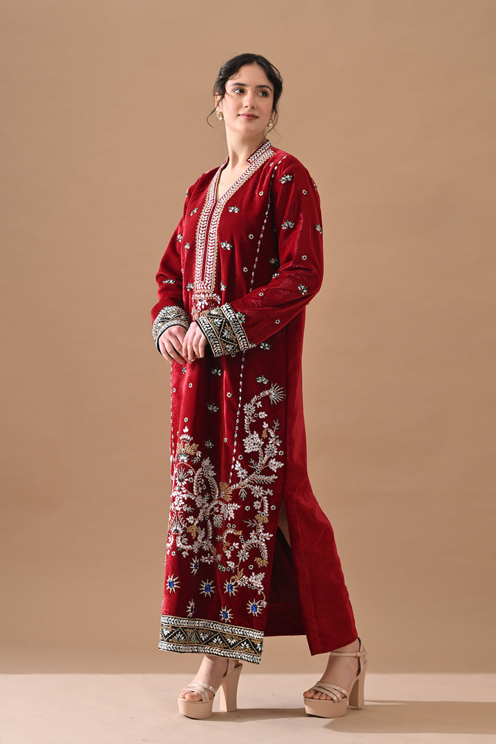 Deep Maroon Embroidered Velvet Kurta Set