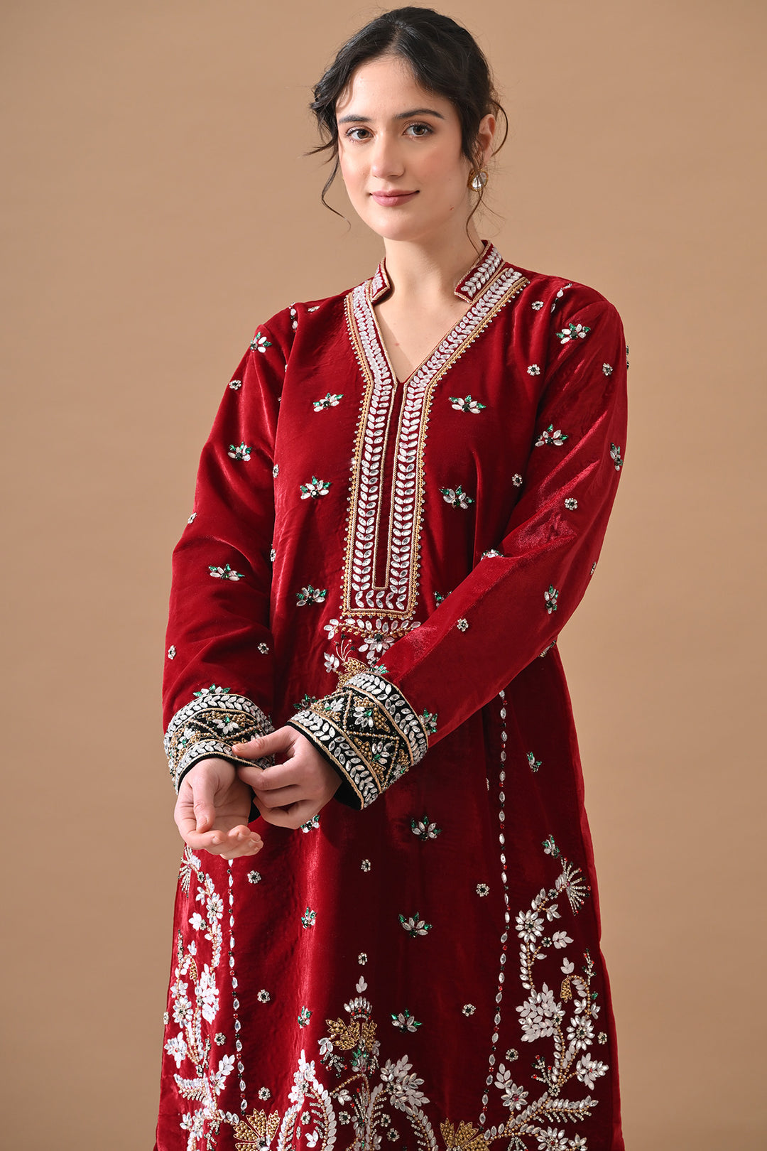 Deep Maroon Embroidered Velvet Kurta Set
