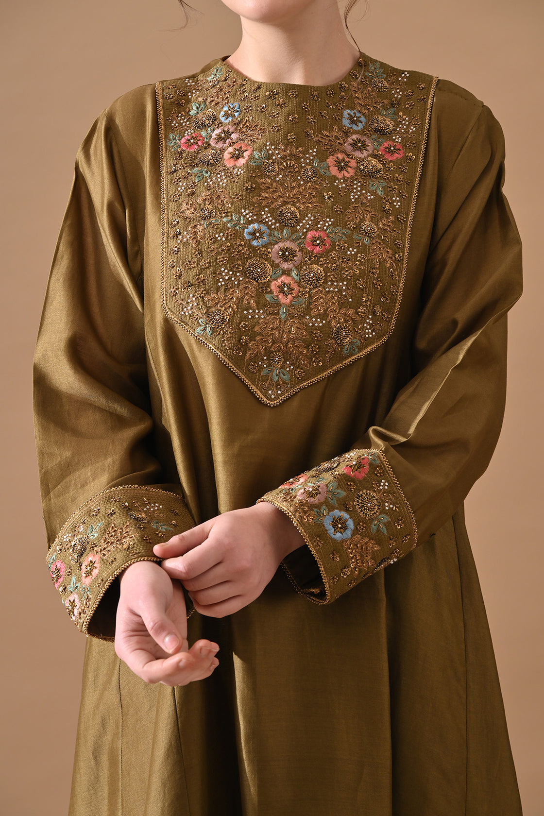 Olive Green Fine Floral Embroidered Suit Set