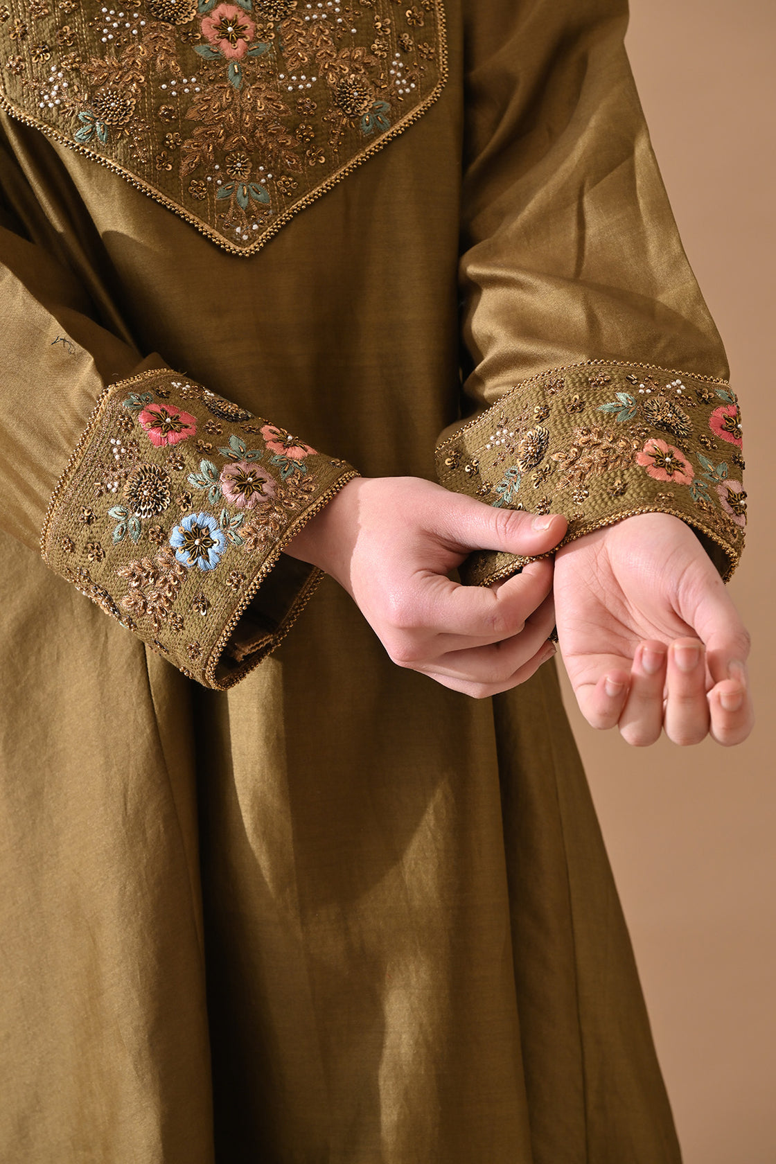 Olive Green Fine Floral Embroidered Suit Set