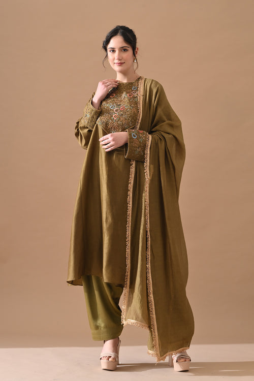 Olive Green Fine Floral Embroidered Suit Set