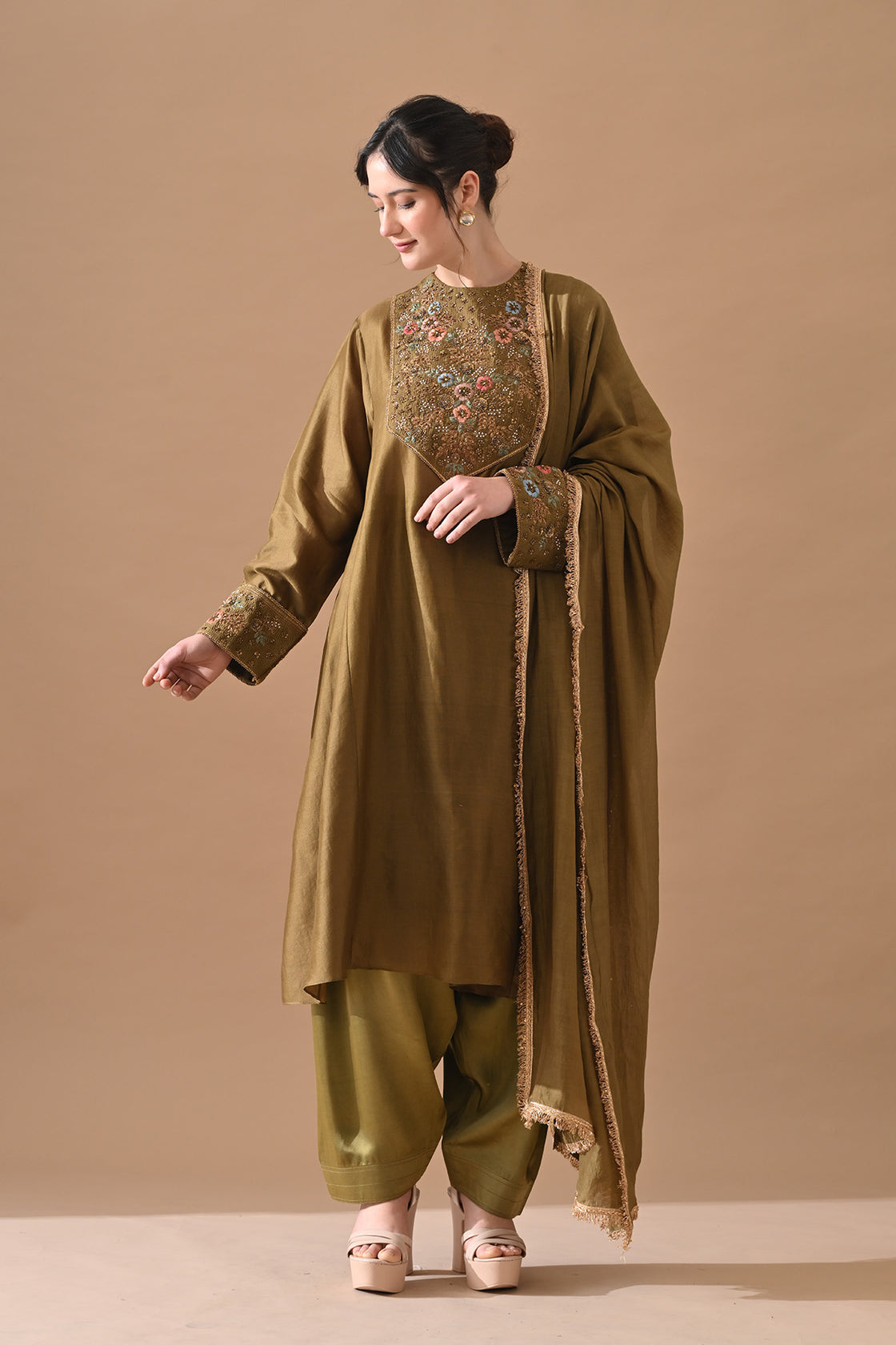 Olive Green Fine Floral Embroidered Suit Set