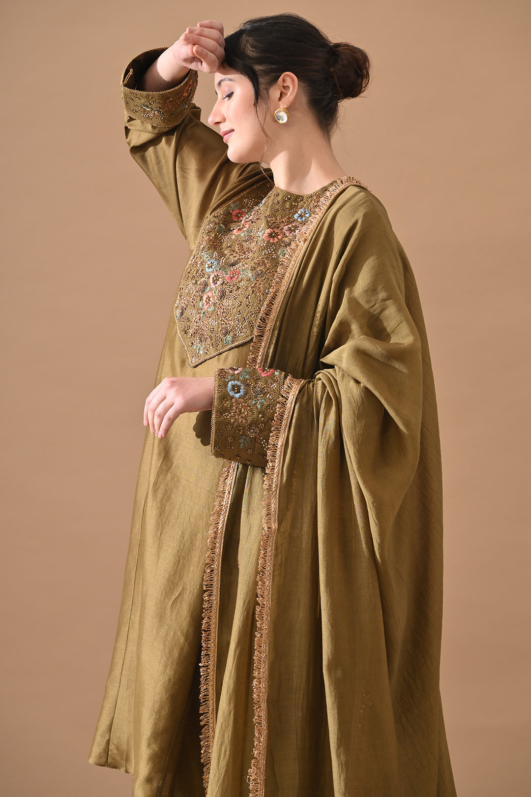 Olive Green Fine Floral Embroidered Suit Set
