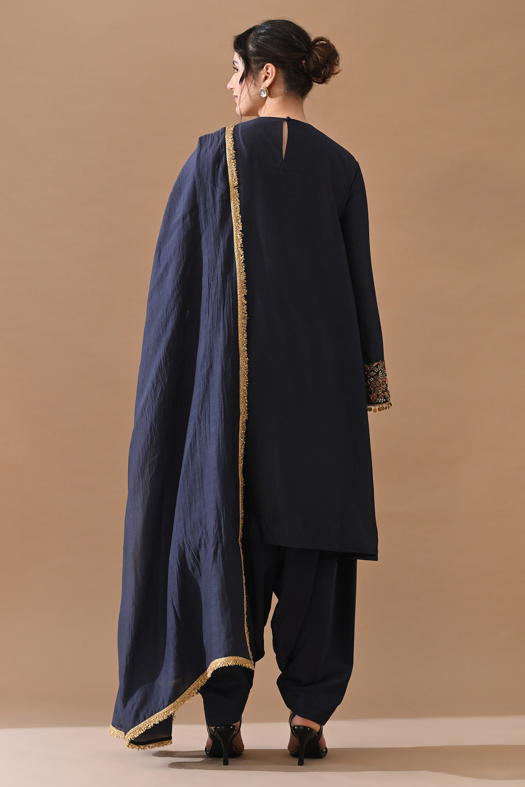 Midnight Blue Floral Hand-Embroidered Silk Kurta Set