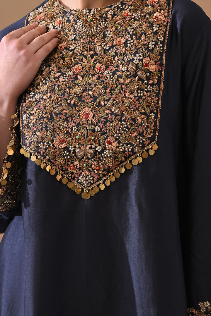 Midnight Blue Floral Hand-Embroidered Silk Kurta Set