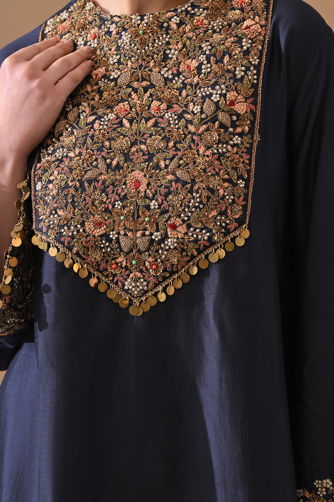 Midnight Blue Floral Hand-Embroidered Silk Kurta Set