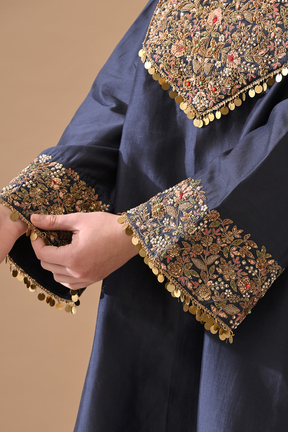 Midnight Blue Floral Hand-Embroidered Silk Kurta Set
