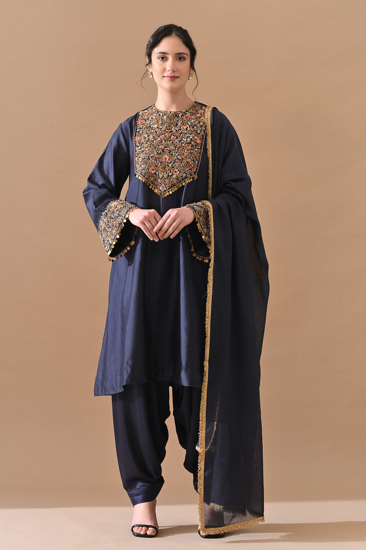 Midnight Blue Floral Hand-Embroidered Silk Kurta Set